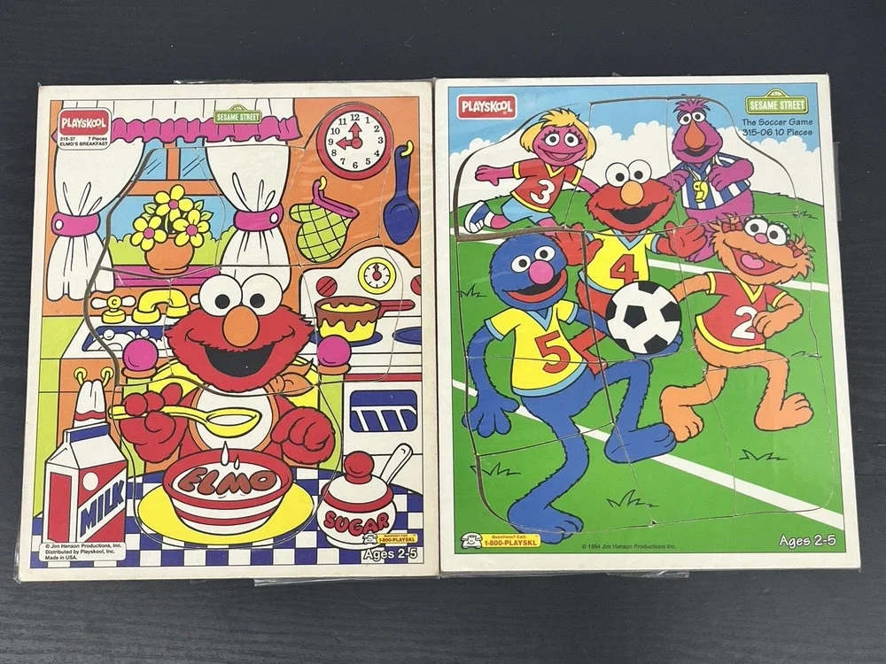 Vintage Playskool Sesame Street Wooden Tray Puzzles Lot of 2 Elmo Grover Soccer